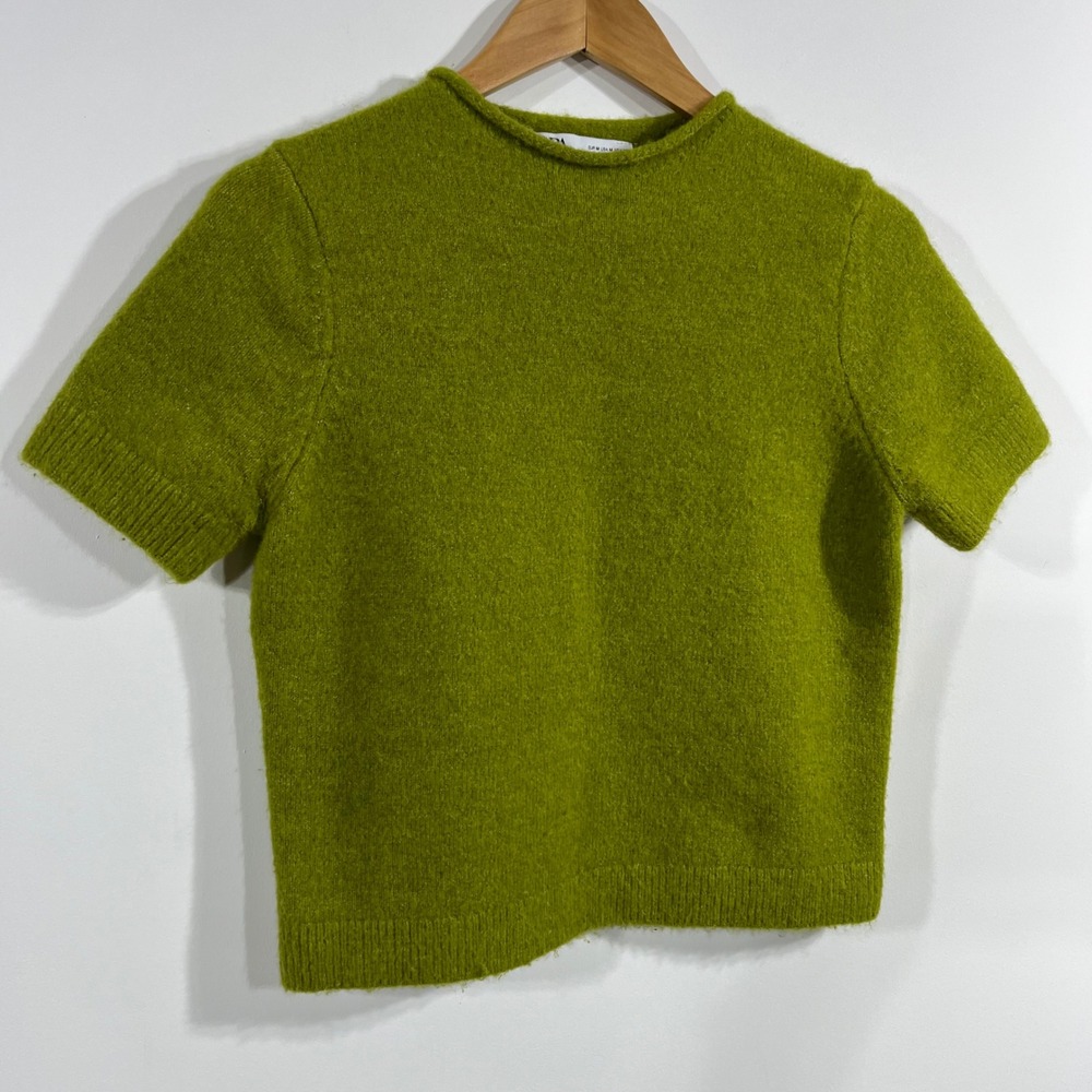 Zara Preppy Old Money Fisherman Rollneck Knit Sweater Chartreuse Cropped Medium - Picture 2 of 8